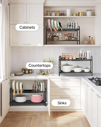HULISEN Pots and Pans Organizer Under Cabinet, Expandable 2-Tier Pots and Pans Lid Storage Rack Holder with 10 Dividers, Adjustable Height Under Sink Organizer, Maximize Kitchen Storage Space