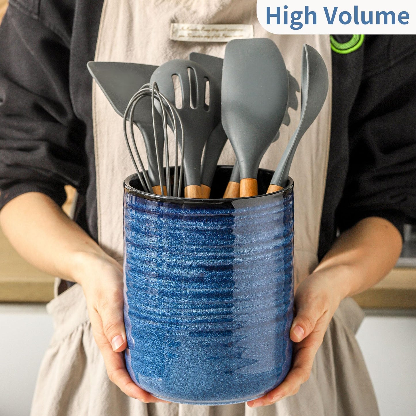 HASENSE Ceramic Kitchen Utensil Holder, 7.4" x 6.2" Large Countertop Utensil Crock, Stable Cooking Utensil Organizer for Spatulas, Spoons, Whisks & Tools, Modern Blue Kitchen Decor