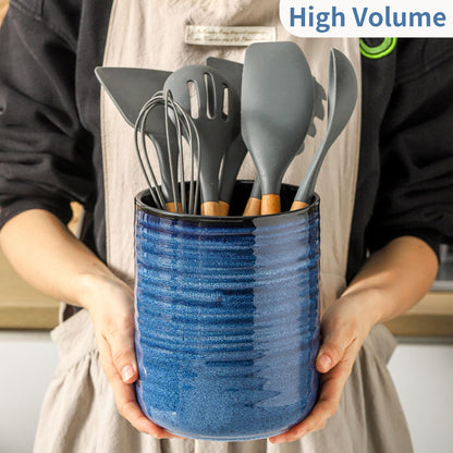 HASENSE Ceramic Kitchen Utensil Holder, 7.4" x 6.2" Large Countertop Utensil Crock, Stable Cooking Utensil Organizer for Spatulas, Spoons, Whisks & Tools, Modern Blue Kitchen Decor