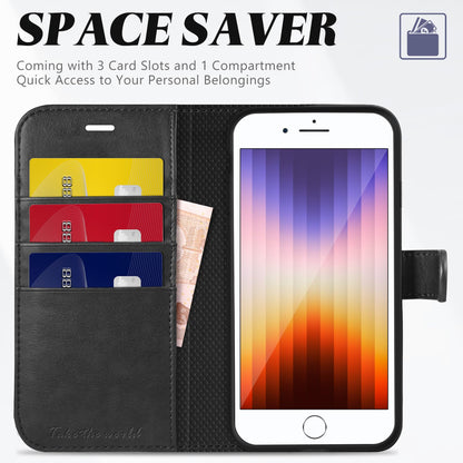TUCCH Case Wallet for iPhone SE 2022/ iPhone 7/8/iPhone SE 2020, PU Leather 3 Card Slots Stand Magnetic Flip Folio Cover TPU Shockproof Inner Shell, Black