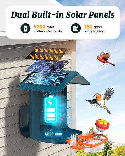Bird Feeder with Camera Solar Powered, 2K Live Arrival Alert Auto Capture Video with 32GB TF Card, AI Identify Smart Camera Bird Feeder Ourdoor Backyard Gift for Mom Dad Birdlover, 2.4G WiFi