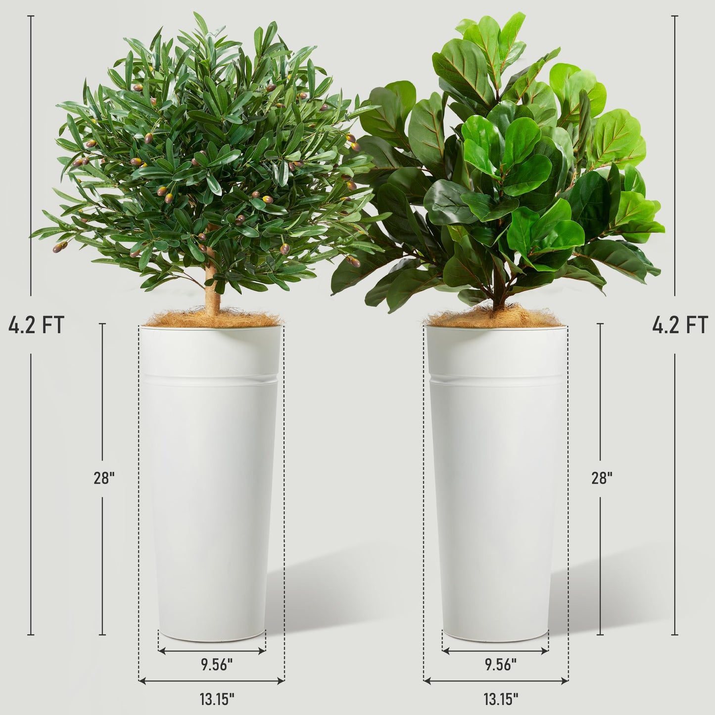 KOL 28" White Metal Planter Set, Galvanized Steel Plant Pots for Indoor Outdoor Decor with Artificial Olive Tree & Fiddle Leaf Fig, Faux Plants with Natural Coconut Fiber (Total Height 4.2FT)