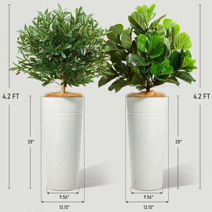 KOL 28" White Metal Planter Set, Galvanized Steel Plant Pots for Indoor Outdoor Decor with Artificial Olive Tree & Fiddle Leaf Fig, Faux Plants with Natural Coconut Fiber (Total Height 4.2FT)