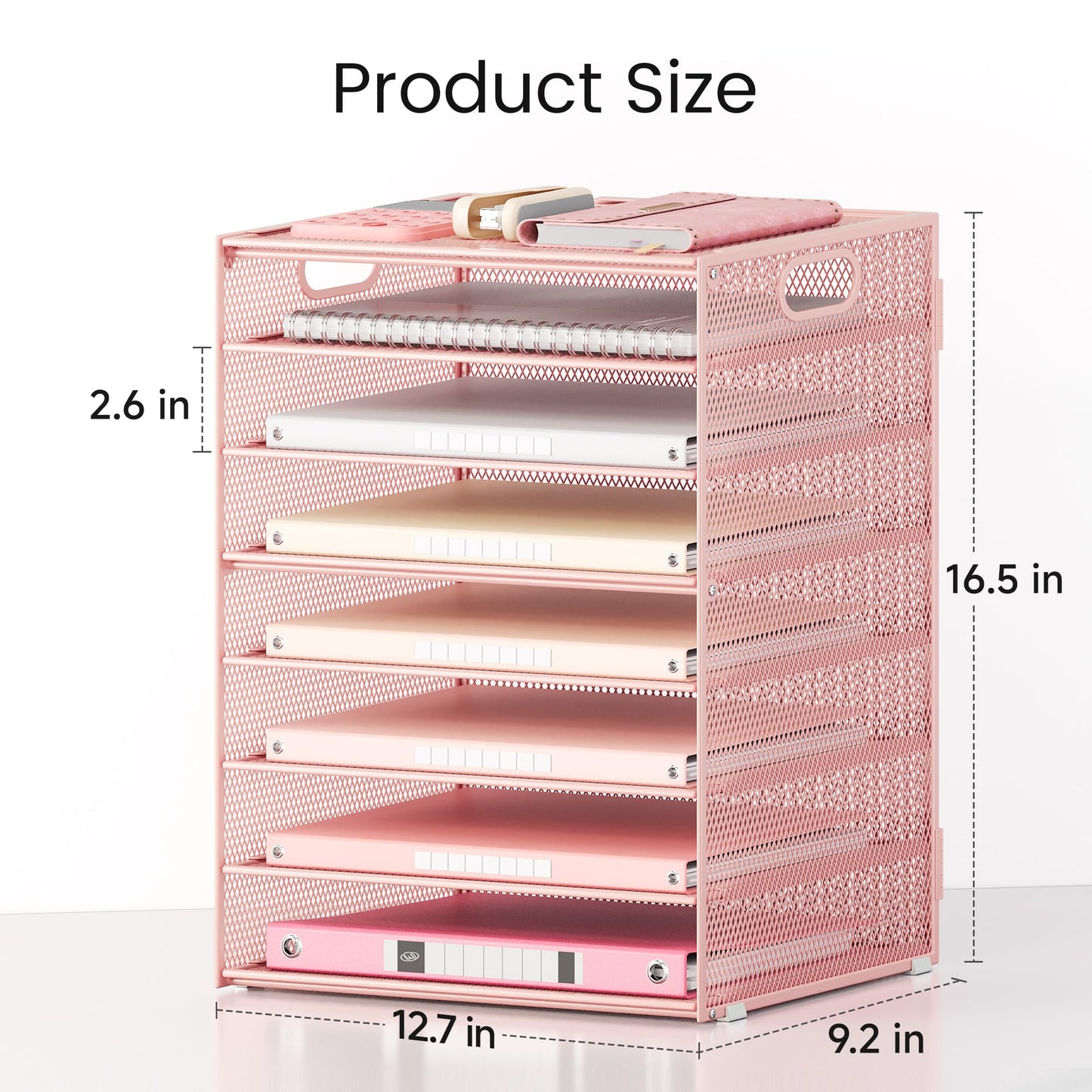 Lavatino 8-Tier Letter Tray Desk Paper Organizer, Mesh File Sorter Tray Organizer for Desk Office Supplies & Home Organization, Fits A4 Paper, Mail, Magazines and Office Accessories (Pink with Handle)