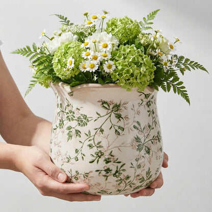 behen bahen Vintage Ceramic Planter Pot with Drainage Holes, Green Floral Design, 6.11 Inch, Distressed Tuscan Style, Indoor Plant Pot and Vase (Sage Beige)