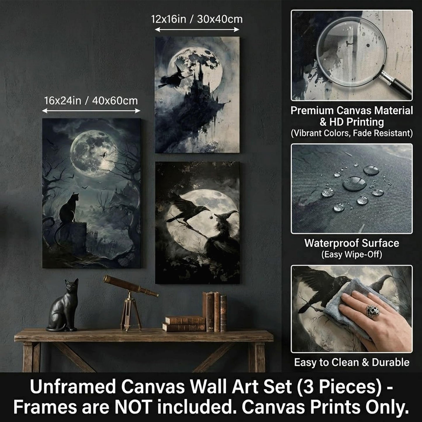 SOUHLP Gothic Wall Art Witch Black Cat Raven Poster Set, 12x16in