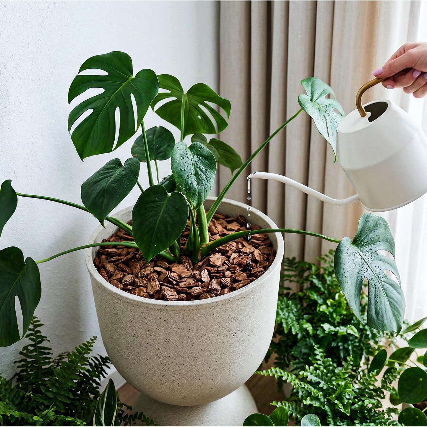 KOL Planters Flower Pots, Large Plastic Urn Planters for Indoor Outdoor Plants, Beige Pedestal Planter Pots, 23 Inch Tall Decorative Planters with Drainage Holes & Plugs for Patio Garden, 1 Pack