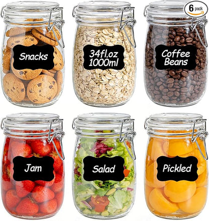 34oz 6 Pack Glass Jars with Airtight Lids - Round Food Storage Canisters for Pantry Organization, Ideal for Sugar, Cookies, Candy, Coffee, Nuts & Dry Goods | Thick Glass,BPA-Free