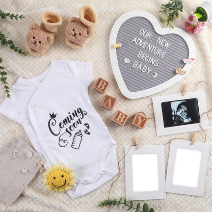 Pregnancy Announcement, Coming Soon Baby Announcements Ideas Set Include Felt Letter Board, Baby Onesie, Booties, Photo Frame and Wooden Blocks, Pregnancy Announcement Photo Props Gender Reveal Gifts