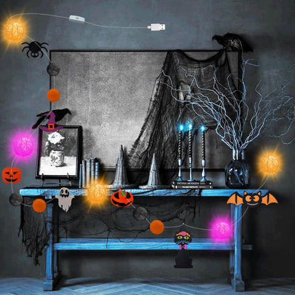 Halloween Decorations Battery USB 10.8Ft Halloween Strip Lights Banner Garland Décor with Felt Bats Ghost Witch Hat Pumpkins Spider Fuzzball Décor for Party Indoor Home Room Wall Fireplace WindowDoor