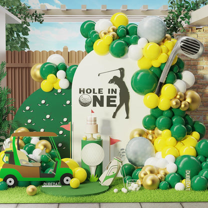 Hole in One Balloon Arch Green Yellow White Gold Balloon Garland for Golf First Birthday,Golf-Themed Retirement Party Decoration