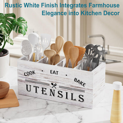 ZUJJAFY Utensil Holder for Kitchen Counter, Large Kitchen Utensil Holder for Countertop with 4 Compartments, Wooden Cooking Utensil Organizer for Spatula Storage, White
