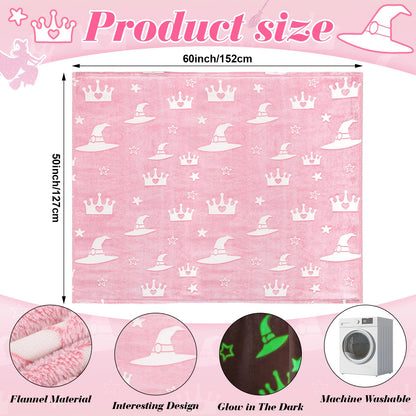 50 x 60 Inch Witch Hat and Pink Crown Blanket for Girls Glow in The Dark Evil Gift Queen Throw All Seasons Warm Cozy Soft Blanket for Sofa Chair Bed Halloween Thanksgiving Gift