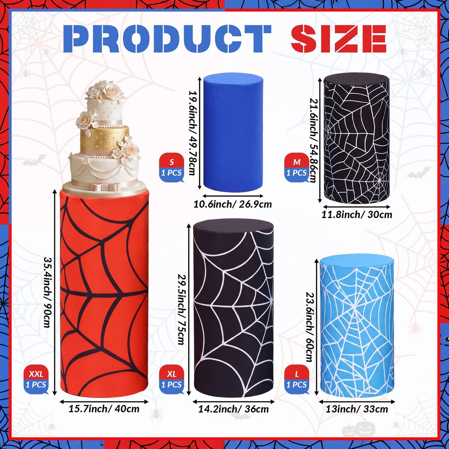 Moukeren 5 pcs Spiderweb Themed Cylinder Pedestal Stand Covers Spandex Plinth Red Blue Cylinder Stand Cover for Spider Web Theme Party Birthday Baby Shower Event Decor