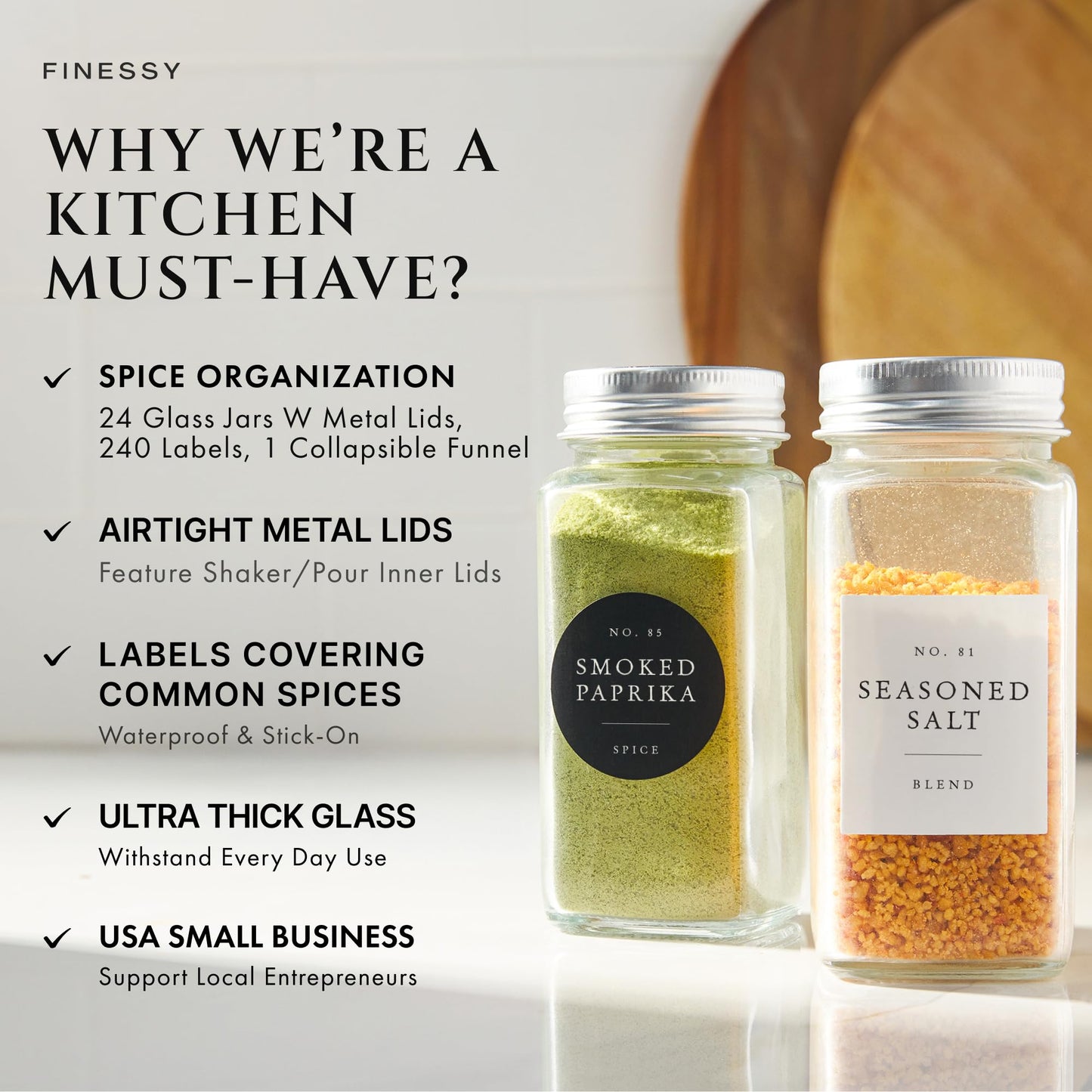 FINESSY Glass Spice Jars with Labels with Metal Lids and Shakers 24 Pack Set, 4oz Small Empty Air Tight Spice Containers with Labels, Clear Seasoning Containers Herb Bottles Kitchen Storage Organizer