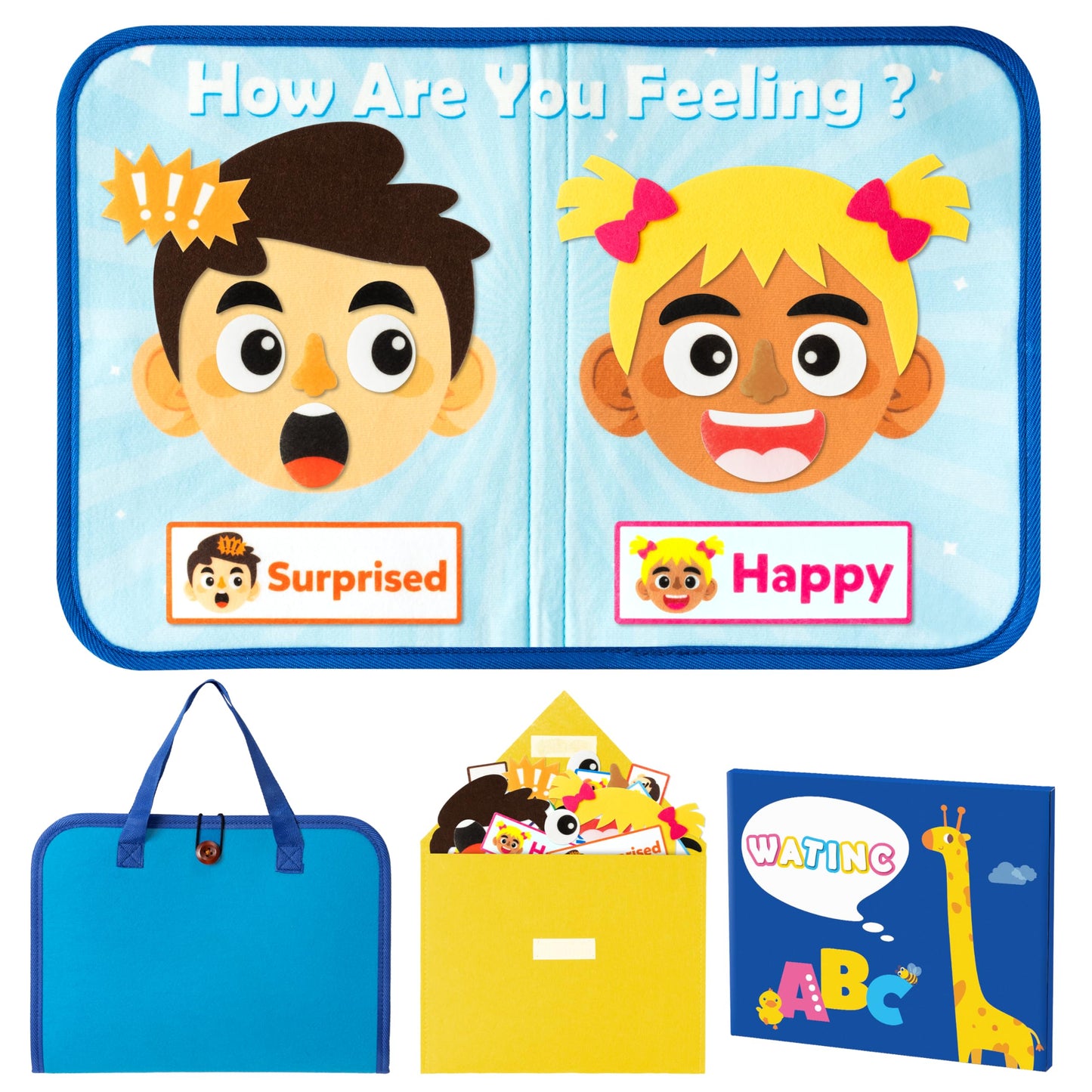 WATINC Travel Felt Board Story Set - Portable Felt Board Educational Birthday Gift for Boys Girls, Themed Storytelling Preschool Early Learning Interactive Play Kit for Toddlers (Emotional)