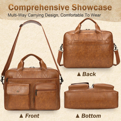 Yuni Sophy Briefcase for Men 15.6 Inch Laptop Messenger Bag Faux Leather Multi-Pocket Business Work Bag Waterproof Office Travel (Brown)