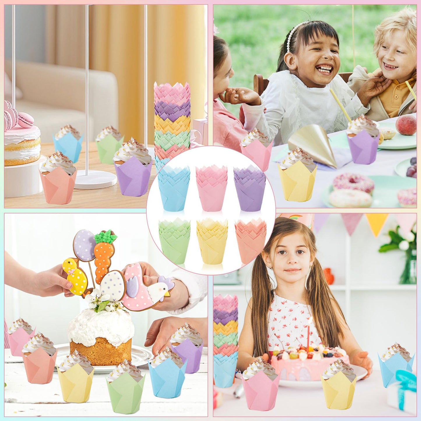 FYSUIMU 180Pcs Pastel Tulip Cupcake Liners Colorful Muffin Baking Cups Pink Blue Purple Yellow Orange Green Cupcake Wrappers for Spring Easter Holiday Party Supplies
