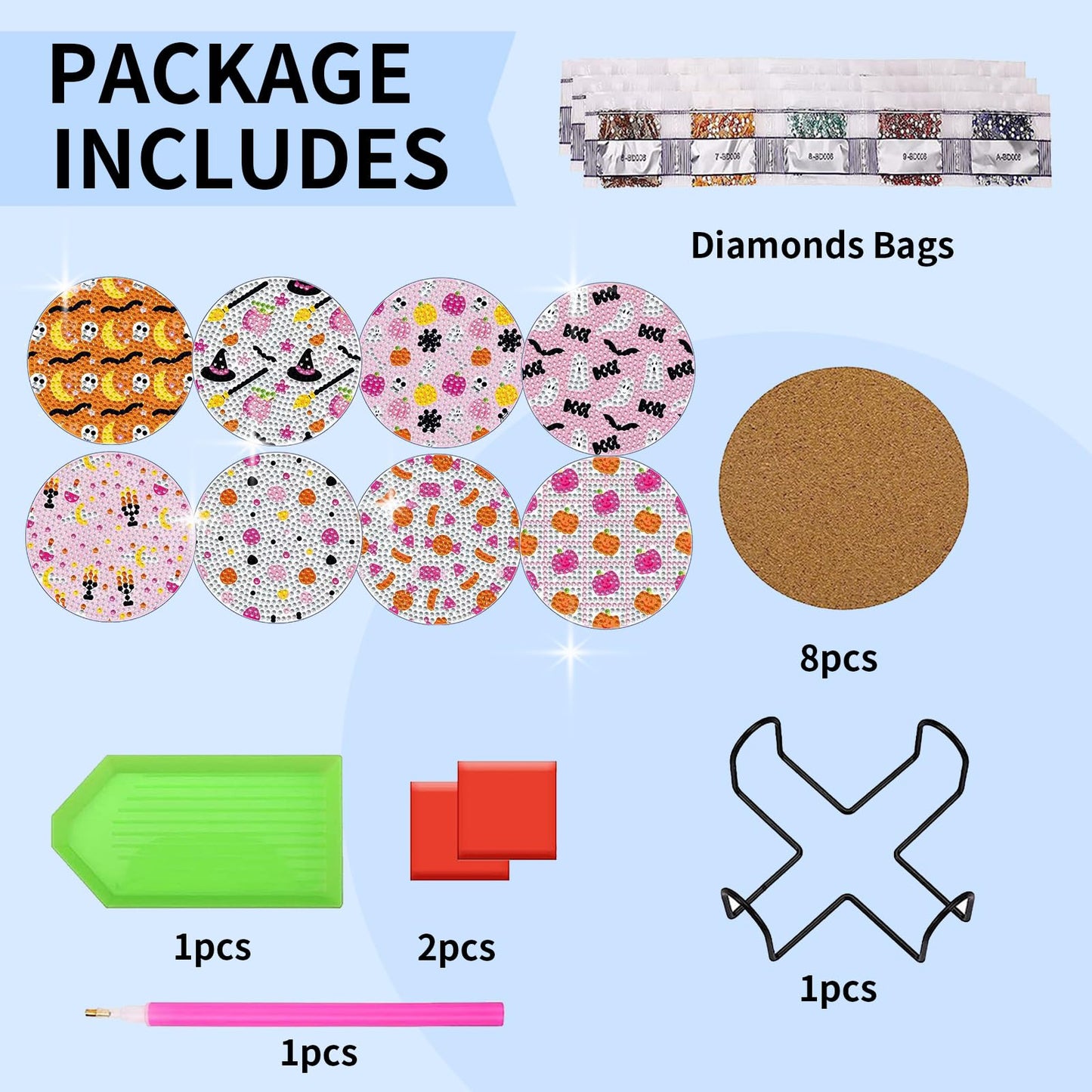 PERFECTSIGHT 8 Pcs DIY Diamond Art Painting Coasters with Holder, Cute Diamond Paint Coaster Kits for Adults, Kawaii Full Drill Diamond Art Craft Paint by Number Non Slip Coaster - Pink Halloween