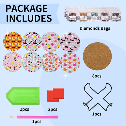 PERFECTSIGHT 8 Pcs DIY Diamond Art Painting Coasters with Holder, Cute Diamond Paint Coaster Kits for Adults, Kawaii Full Drill Diamond Art Craft Paint by Number Non Slip Coaster - Pink Halloween