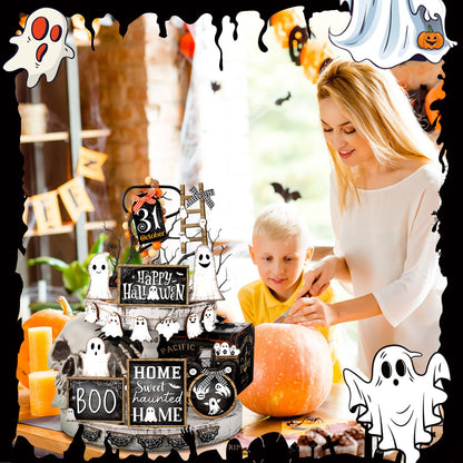 MiniInflat 1 Sets Halloween Tiered Tray Decor Set Happy Halloween Wooden Signs Rustic Table Centerpieces Farmhouse Decor for Home Table, Tray Not Included(Ghost,Black White)