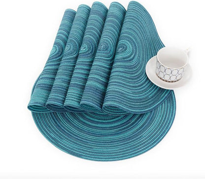 SHACOS 15 inch Round Placemats Set of 8 Variegated Multicolor Place Mats Cotton Polyester Braided Non Slip Washable Heat Resistant Table Mats for Home Wedding Dinner Party Table Decor, Rainbow Teal