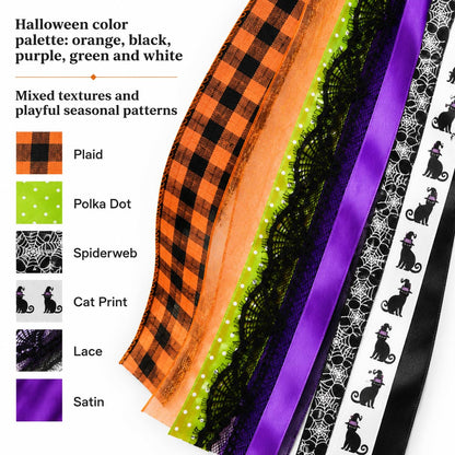 Halloween Wreath Sash Front Door Ribbon Bow Large Orange Black Buffalo Plaid Purple Spider Web Cat Streamer Fall Porch Decoration