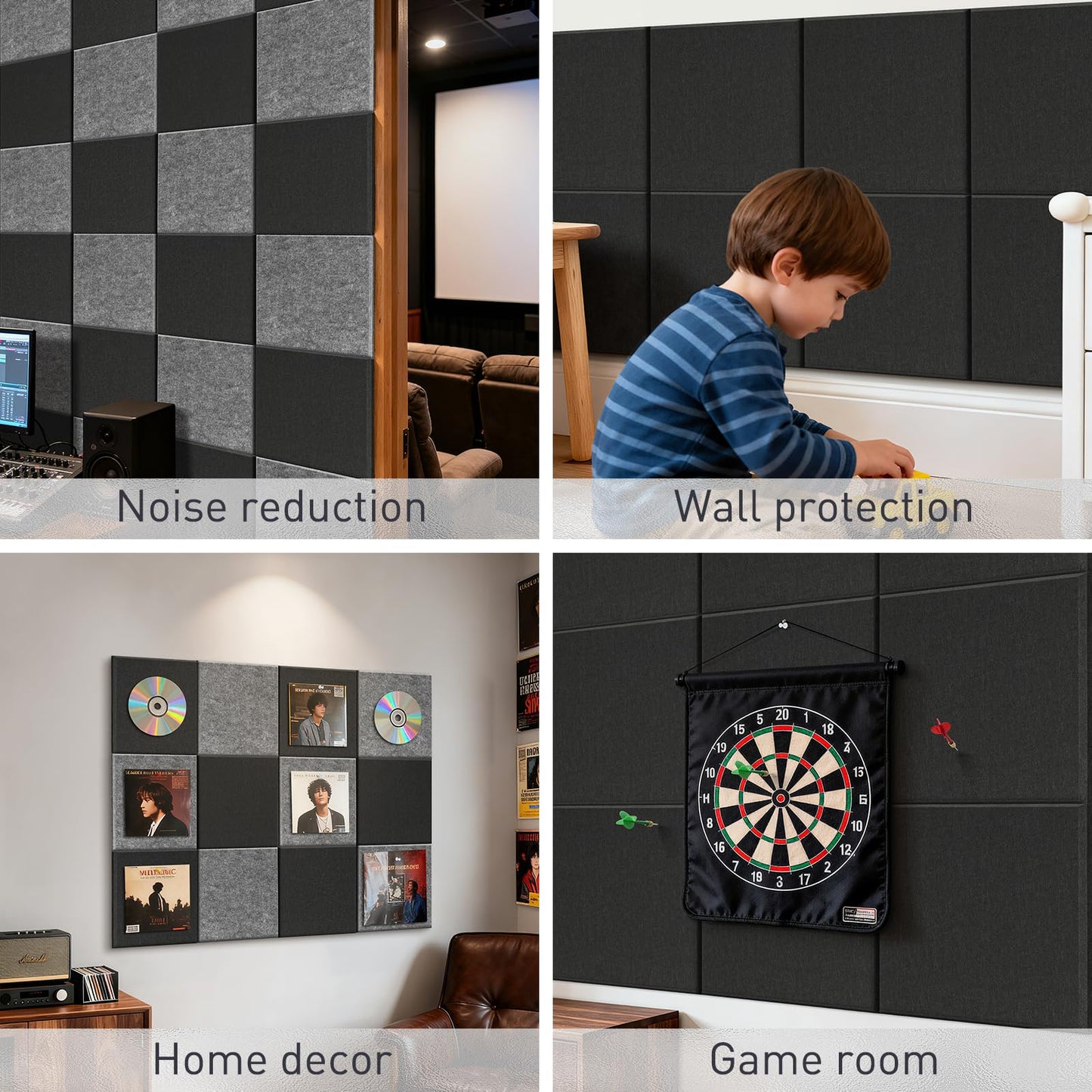 QUEENLINK Large Felt Bulletin Board 48"x36", 12-Pack, Cork Board Alternative with 48 Removable Adhesive Tabs, Felt Wall Tiles Pin Board Tack Board for Home Office Wall Decor, Black