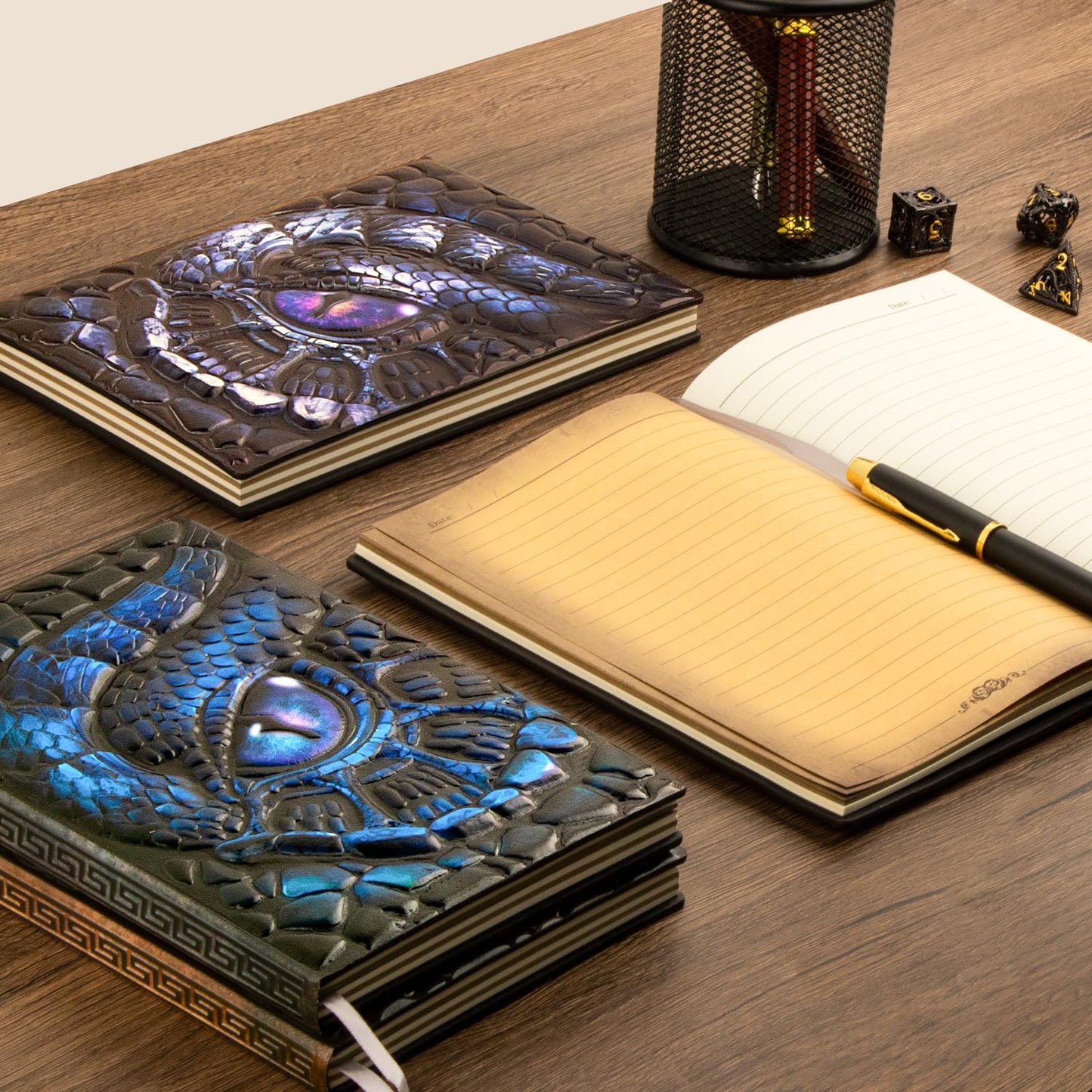 FEIDIAO Vintage Dragon Eye Notebook DND Embossed Notebook, 3D PU Leather Travel Journal with Ballpoint Pen & Pen Sleeve,Hardcover A5 Journal,Hardcover Liner Diary,Writing Gift for Men&Women (Red)