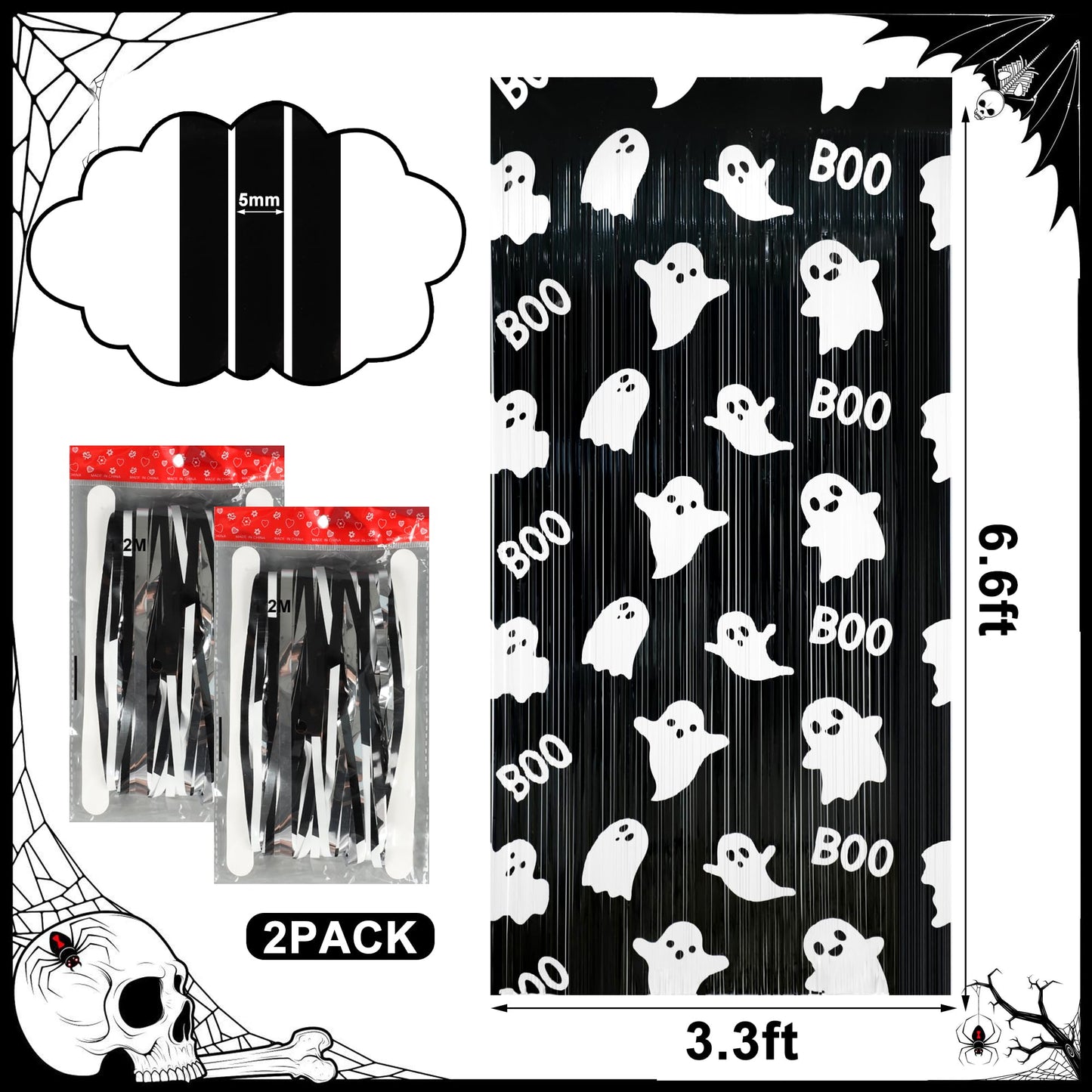 Augisteen 2 Packs Halloween Foil Fringe Curtains 3.3 x 6.6 Ft Black White Cute Ghost Photo Backdrop Streamers Boo Theme Tinsel Curtain Metallic Backdrop for Kids Birthday Babyshower Party Supplies