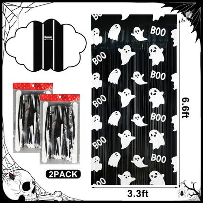 Augisteen 2 Packs Halloween Foil Fringe Curtains 3.3 x 6.6 Ft Black White Cute Ghost Photo Backdrop Streamers Boo Theme Tinsel Curtain Metallic Backdrop for Kids Birthday Babyshower Party Supplies