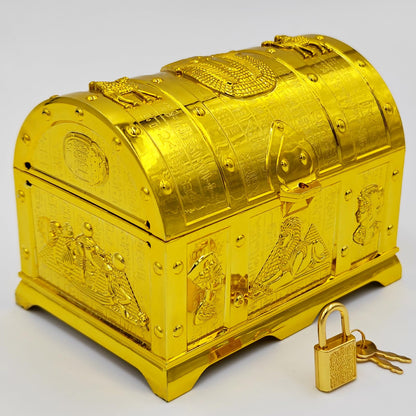 Egyptian Treasure Chest For Kids - Golden Decorative Pirate Treasure Box With Lock and Key For Kids Prizes, Theme Party, Birthday, Halloween, Christmas Pirate Party Favors