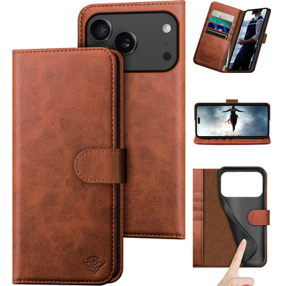DuckSky Compatible with iPhone 17 Pro Max 6.9" Genuine Leather Wallet case【RFID Blocking】【4 Credit Card Holder】【Real Leather】 Flip Phone case Cover Women Men for Apple 17 Pro Max case Light Brown