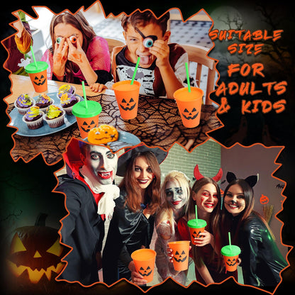 Skylety 10 Pcs Halloween Plastic Cups with Lids and Straws 16 oz Pumpkin Jack O Lantern Cups Plastic Tumbler Harvest Party Supplies Halloween Party Favors Supplies for Coffee Tea Cold Drinks