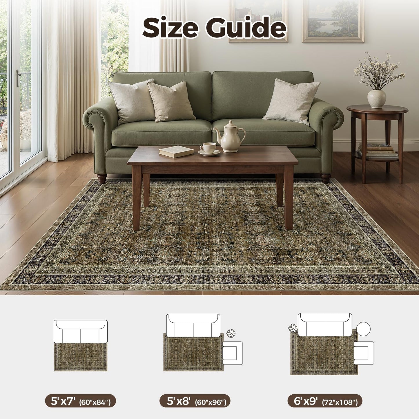 WITSHOCK 5x7 Area Rugs for Living Room: Vintage Modern Boho Moody Retro Antique Farmhouse Dark Carpet, Non-Slip Low Pile Stain Resistant Rug for Bedroom Dining Under Table, Brown Olive Green