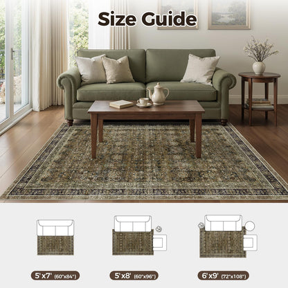 WITSHOCK 5x7 Area Rugs for Living Room: Vintage Modern Boho Moody Retro Antique Farmhouse Dark Carpet, Non-Slip Low Pile Stain Resistant Rug for Bedroom Dining Under Table, Brown Olive Green