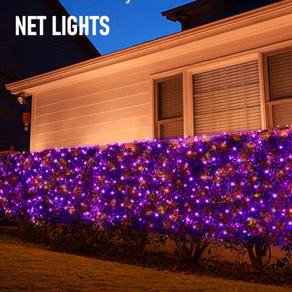 TW SHINE Halloween 200 LED Net Lights, 9.8 FT x 6.6 FT Connectable Waterproof Decorations Clear Wire with 8 Modes for Outdoor Garden Holiday Party (Purple & Orange)
