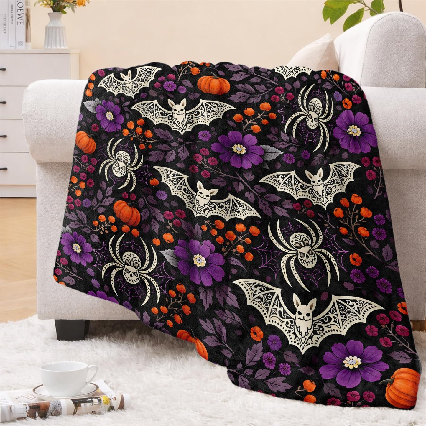 cromcu Halloween Bat Blanket Soft Lightweight, Gothic Spider Pumpkin Floral Flannel Throw Blankets for Bed Sofa Office RV Travel Bathroom Home Spooky Purple Decor, Goth Lovers Gifts 60"X50"