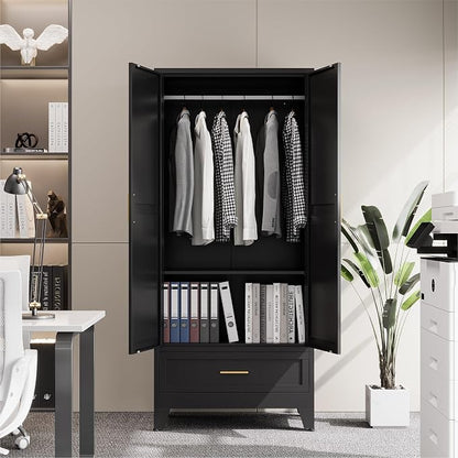 COFaR Modern Black Metal Wardrobe Closet, 71" Tall Steel Armoire with Drawer, Hanging Rod & Adjustable Shelf, 2-Door Freestanding Storage Cabinet for Bedroom, Closet Organization (Black)