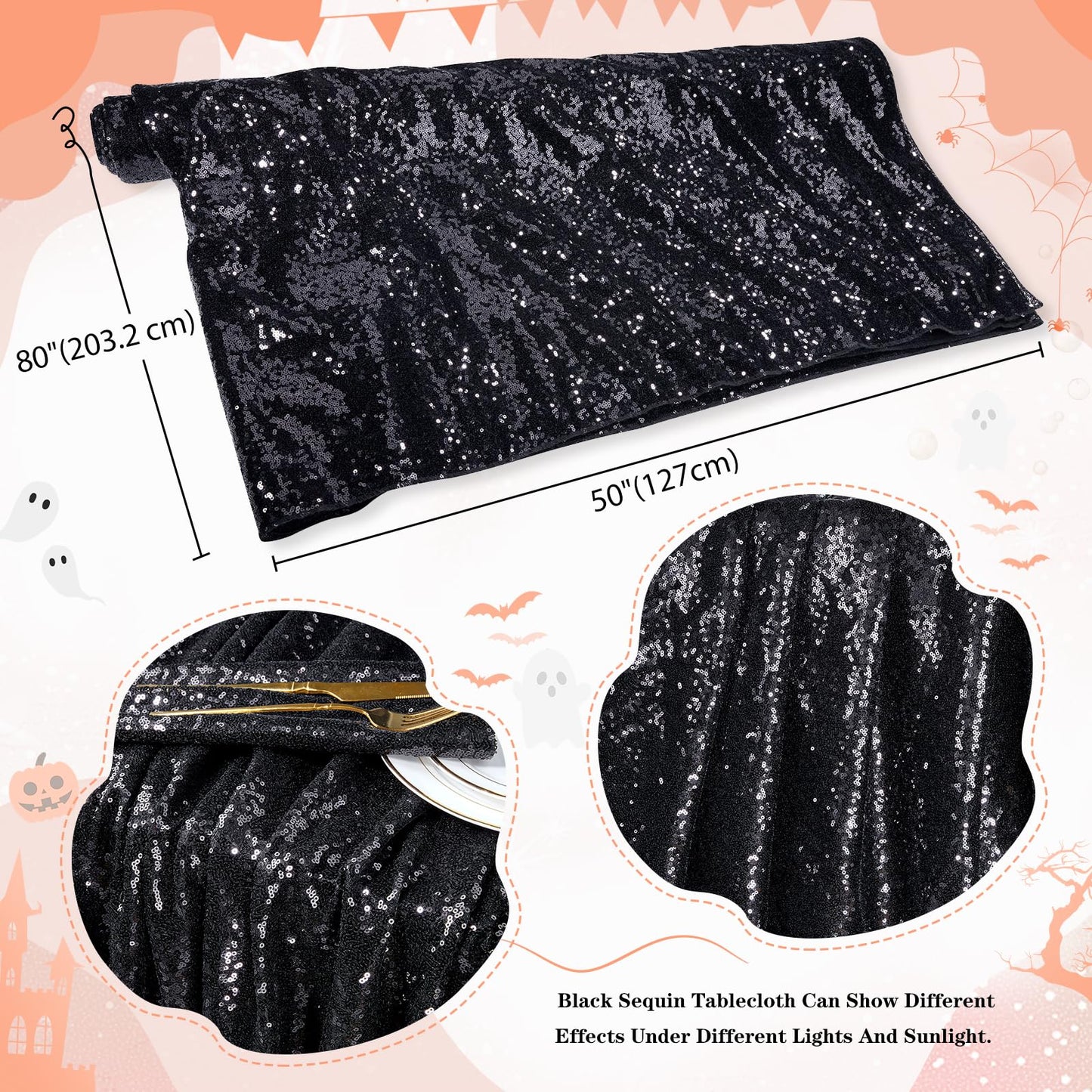 MoKoHouse Black Sequin Tablecloth Rectangle 50" x 80" Glitter Table Cloth Sparkly Fabric for Halloween Birthday Parties Cake Dessert Table Decor