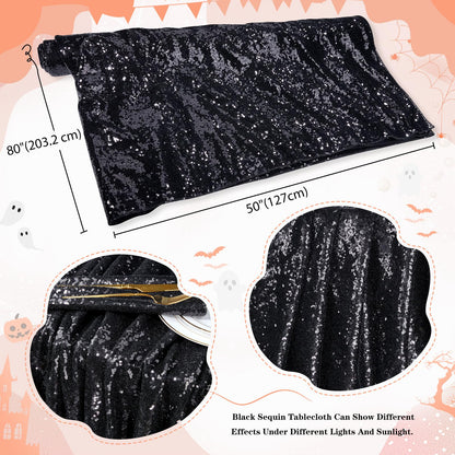 MoKoHouse Black Sequin Tablecloth Rectangle 50" x 80" Glitter Table Cloth Sparkly Fabric for Halloween Birthday Parties Cake Dessert Table Decor