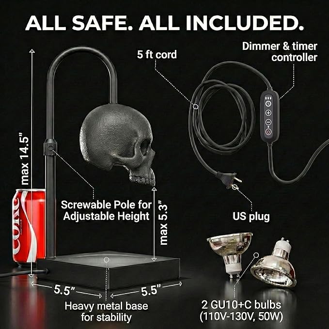 Skull Candle Warmer Lamp with Timer and Dimmer *Candles NOT Included – Black Gothic Candle Lamp Warmer w/Adjustable Height, 2 Light Bulbs – Skull Decor, Goth Gothic Decor Spooky Home & Witchy Gifts