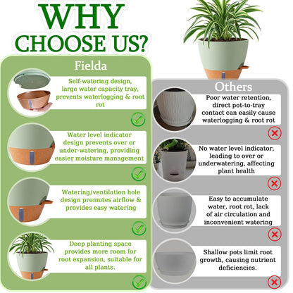Fielda 6 Inch Self Watering Pots for Indoor Plants (5-Pack) & 2 Pack 10 inch Plant Pots,Plastic Planters with Drainage Holes, Deep Reservoir, Water Level Indicator, Modern Decorative Flower Pot