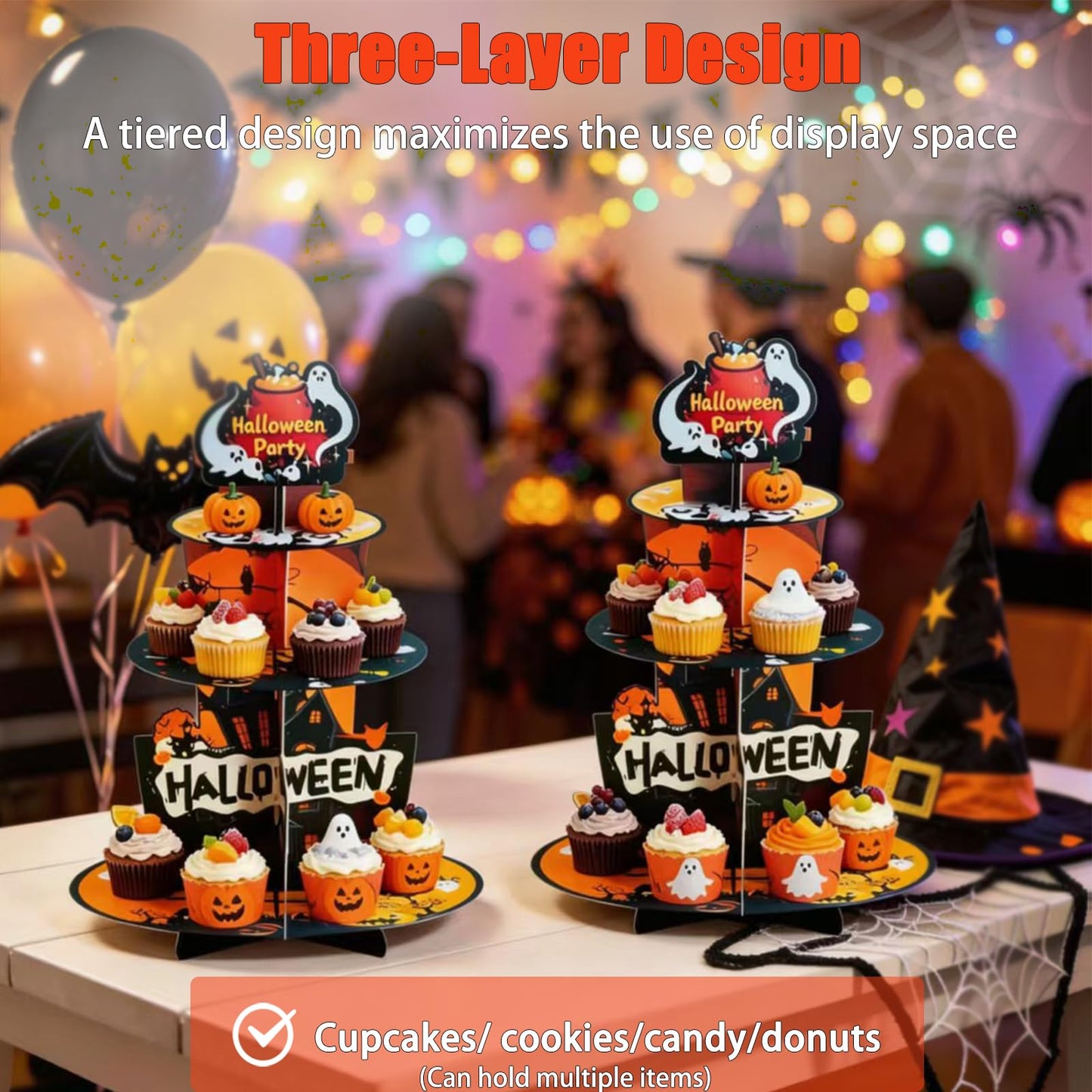 2PCS 3-Tier Halloween Paper Cupcake Stand, Halloween Themed Dessert Display Rack, Heavier-Gauge Paper Display Stand for Home Party & Dessert Serving (Multicolor)