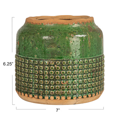 Creative Co-Op Round Terra-Cotta Hobnail Planter Vase with Heavily Distressed Finish, Green