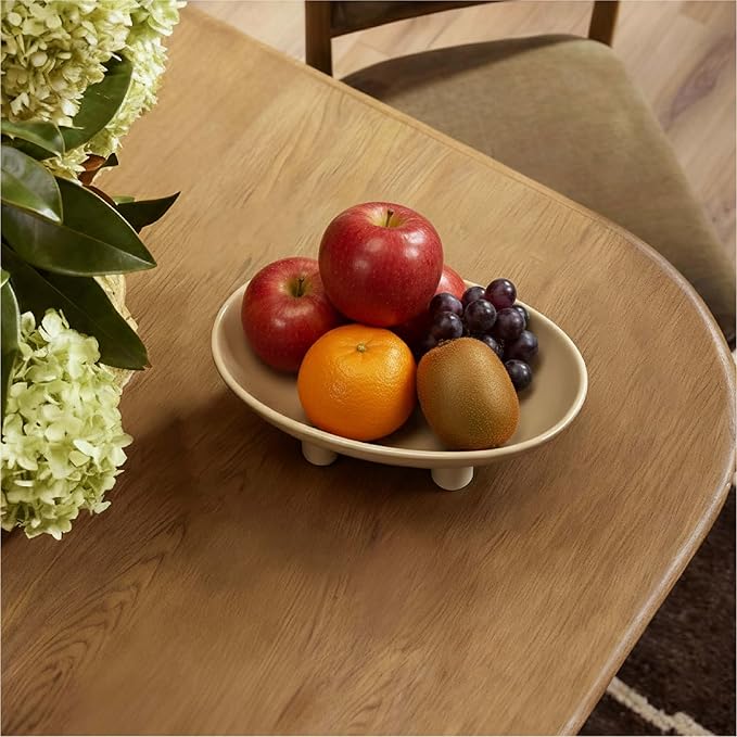 Three-Leg Ceramic Fruit Bowl, 10 Inch Oval Serving Dish for Kitchen Counter, Candy or Key Holder, Home Decor Accent Beige