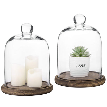 MyGift Clear Cloche Glass Dome, Display Bell Jar with Top Handle and Rustic Brown Solid Wood Base, Set of 2