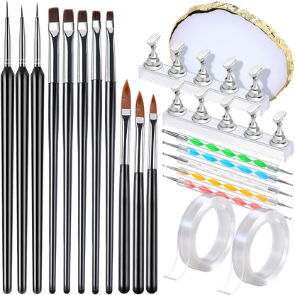 FANDAMEI Nail Art Brushes, Nail Brush Set With Nail Stand, Nail Holder For Painting Nails, Nail Art Tools, Nail Design Tools, 11PCS Nail Brushes For Nail Art, 5PCS Nail Dotting Tool, Nail Art Palette