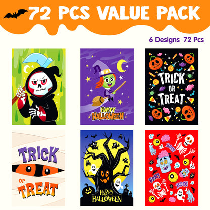 JOYIN 72 Pcs Halloween Candy Bags, Trick or Treating Goodie Bags in 6 Character Themed Designs for Kids Halloween Party Favor, Plastic Snacks Stuffers Bag for Party Supplies