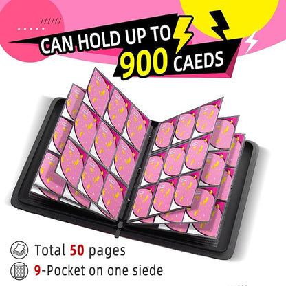 Trading Card Binder 9 Pocket,900 Pocket Card Collection Binder with 50 Removable Sleeves,PU Waterproof Top Card Book,3-Ring Zipper Collectible Trading Card Album for MTG/TCG/Card Holder Gift（Pink）